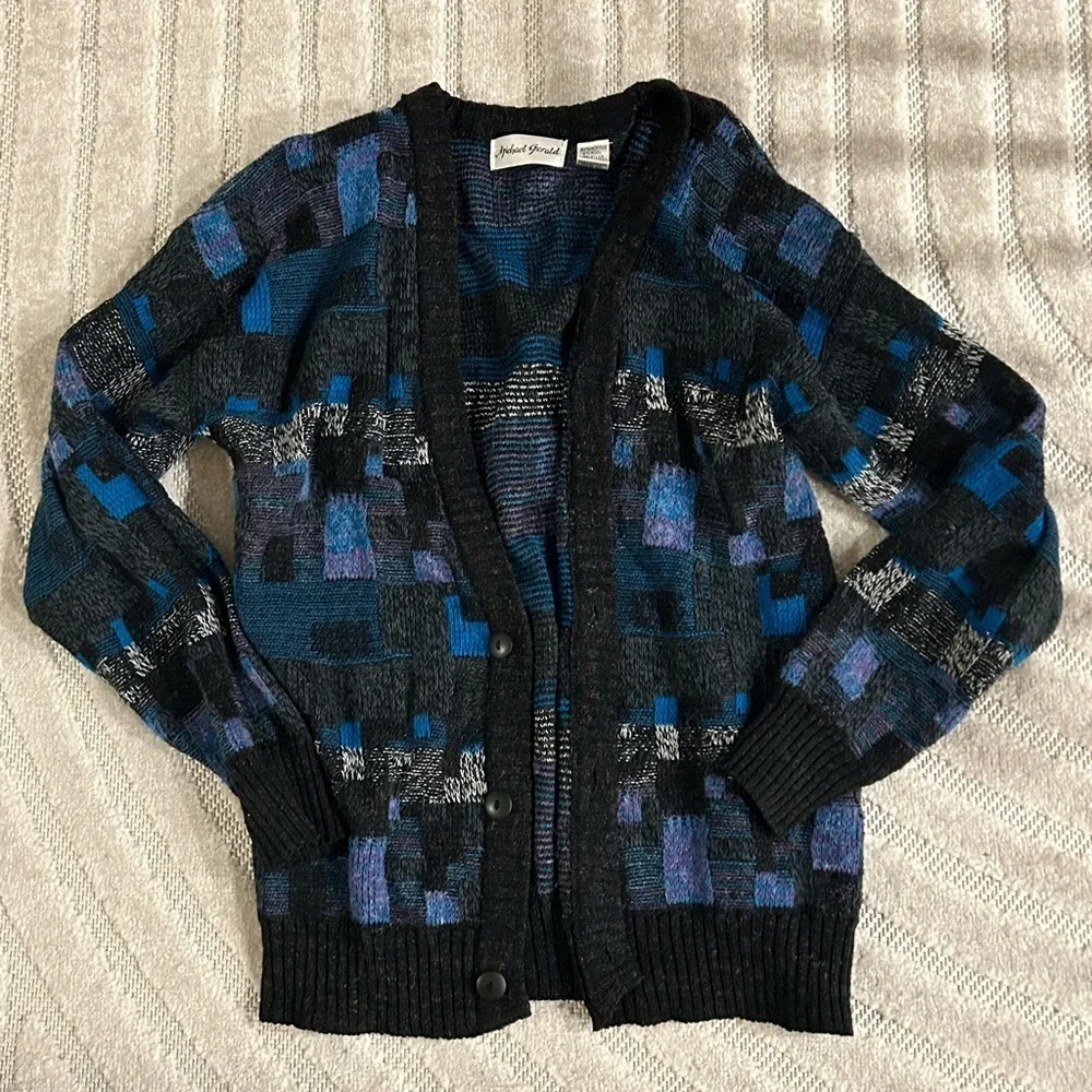 Vintage Block Pattern Grandpa Sweater Buttoned Cardigan - L